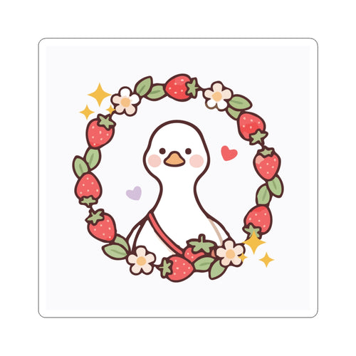 Cute Goose Sticker — Strawberry Floral Wreath Kiss-Cut Decal