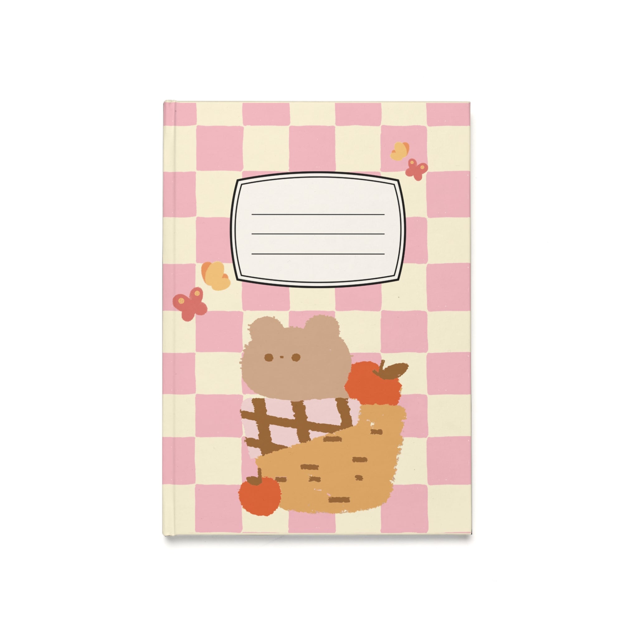 Cute Pink Checkered Hardcover Journal — Notebook with Bear & Basket Design