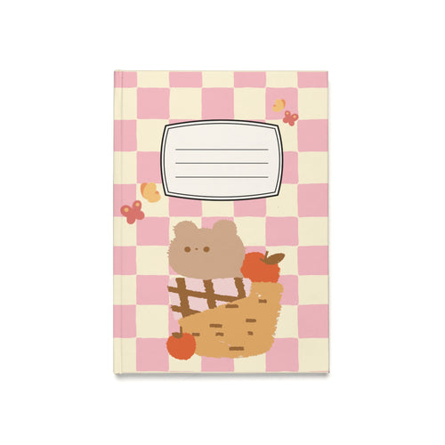 Cute Pink Checkered Hardcover Journal — Notebook with Bear & Basket Design