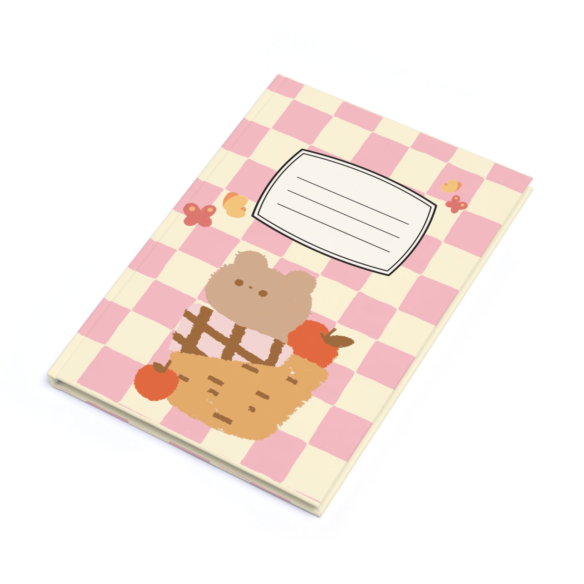 Cute Pink Checkered Hardcover Journal — Notebook with Bear & Basket Design