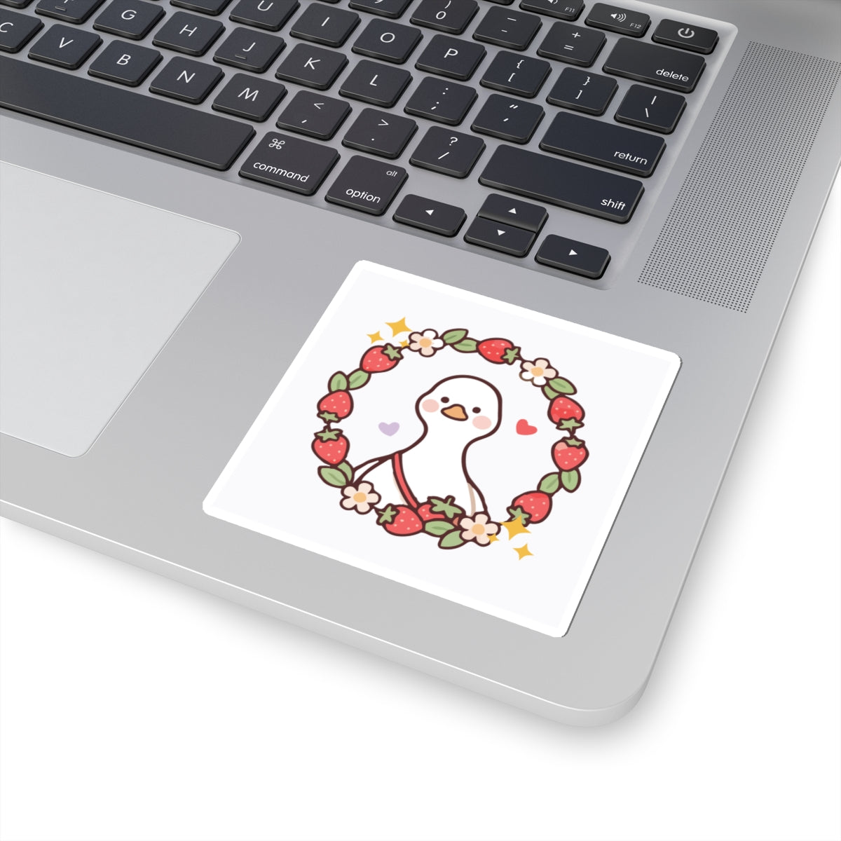Cute Goose Sticker — Strawberry Floral Wreath Kiss-Cut Decal