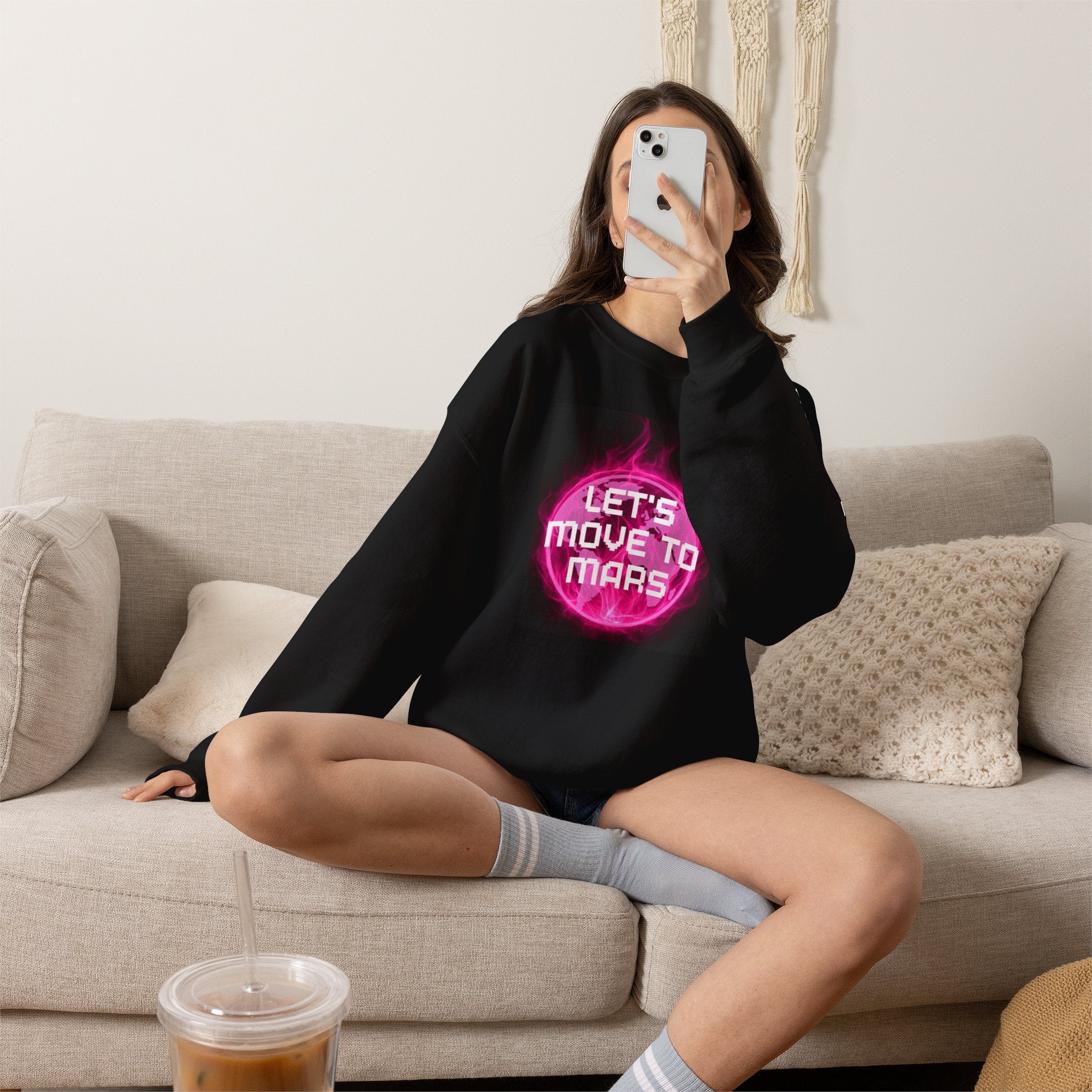 Let's Move to Mars Crewneck Sweatshirt — Neon Space Graphic Pullover